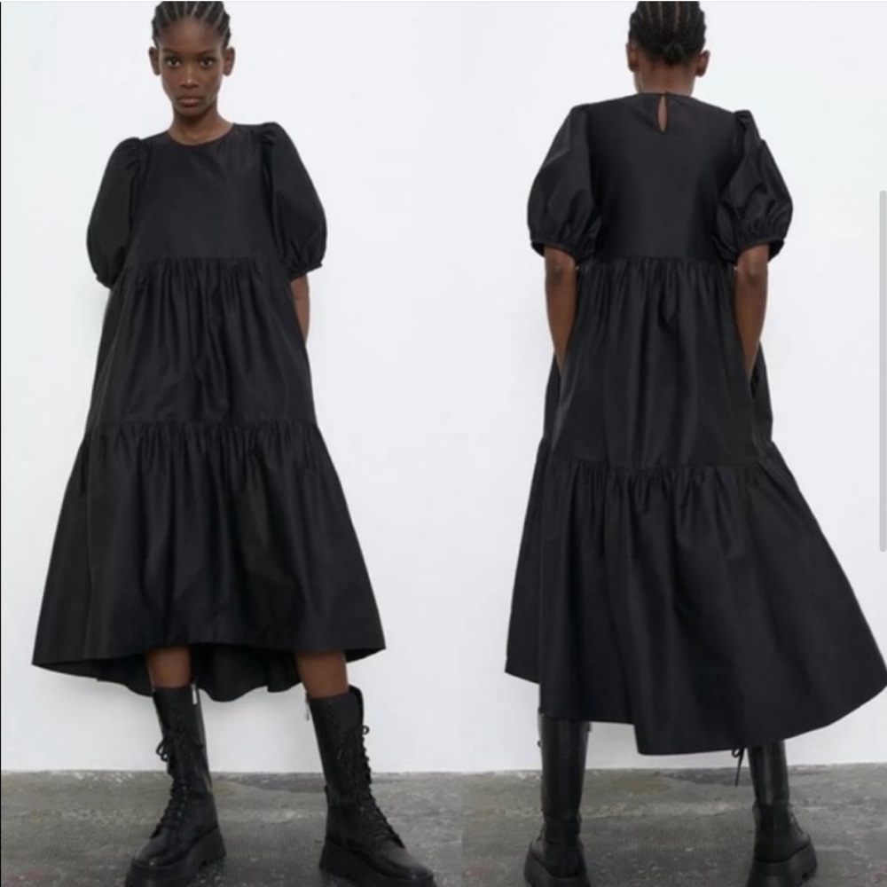 Zara Asymmetric Poplin Midi Dress in Black